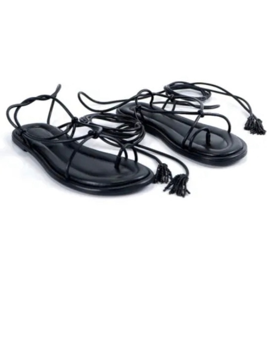 FARM Rio Shoes - Farm Rio Black Lace-Up Beaded Tassel Flat Sandal | Size 8 | NWOB